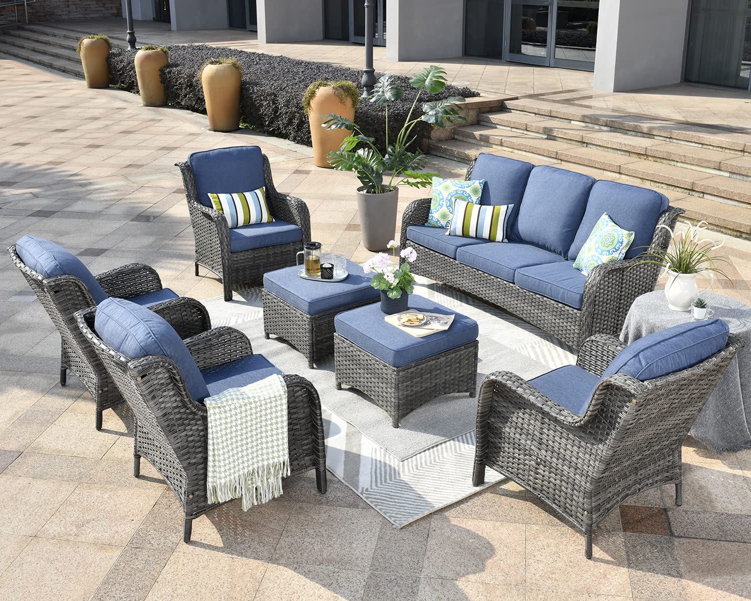 【Furniture】Outdoor Furniture Patio Furniture Set 7 Pcs All Weather Wicker Patio Conversation
