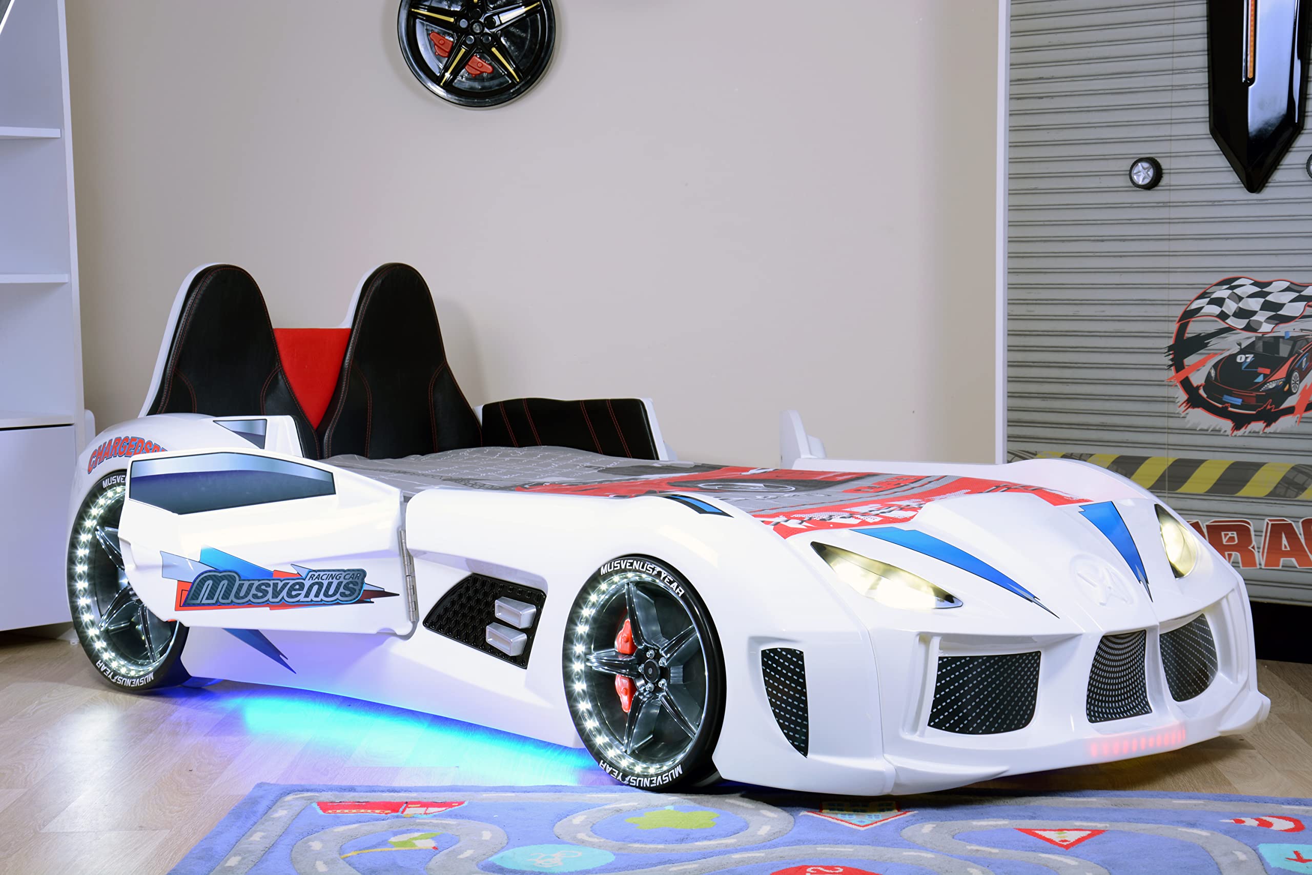 【Furniture】Racing Car Bed for Kids - Kids Car Bed with Led Lights, Single Race Car Bed with Leather Cushioning