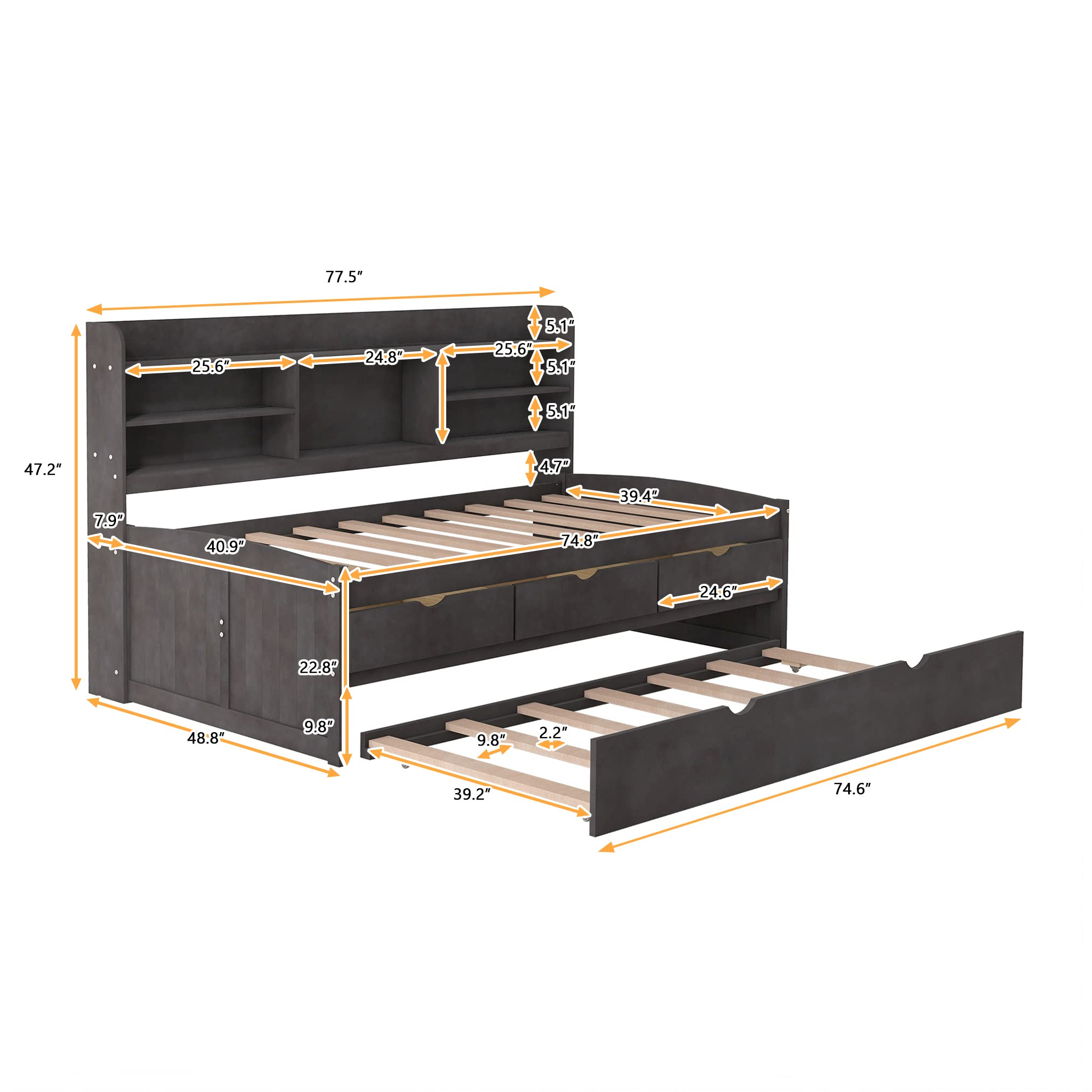 【Furniture】Harper & Bright Designs Twin Captain's Bed with Trundle and Three Storage Drawers