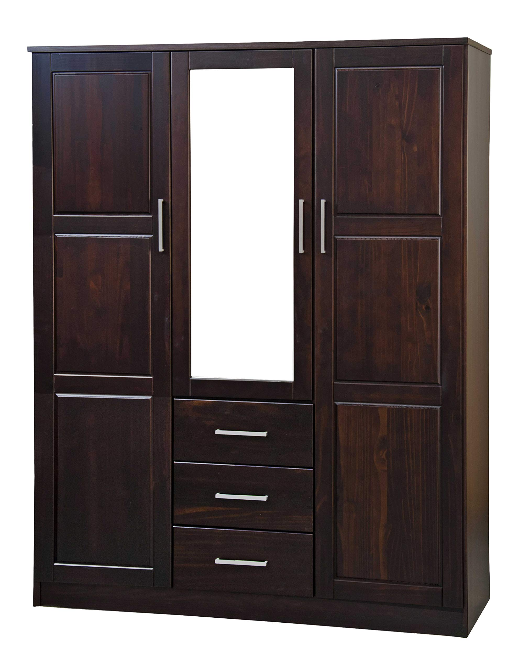 【Furniture】Cosmo Solid Wood 3-Door Wardrobe with Mirror and 3 Drawers, Java