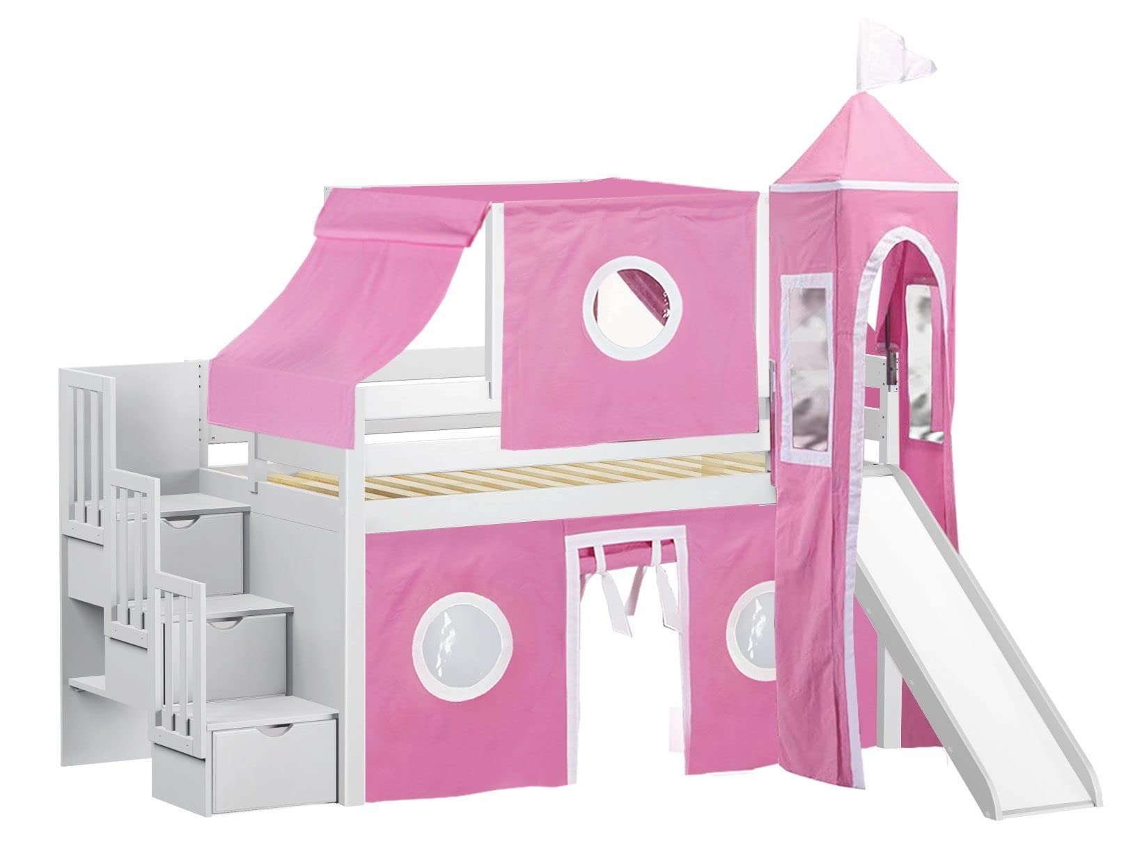 【Furniture】Princess Low Loft Stairway Bed with Slide Pink & White Tent & Tower, Loft Bed, Twin, White