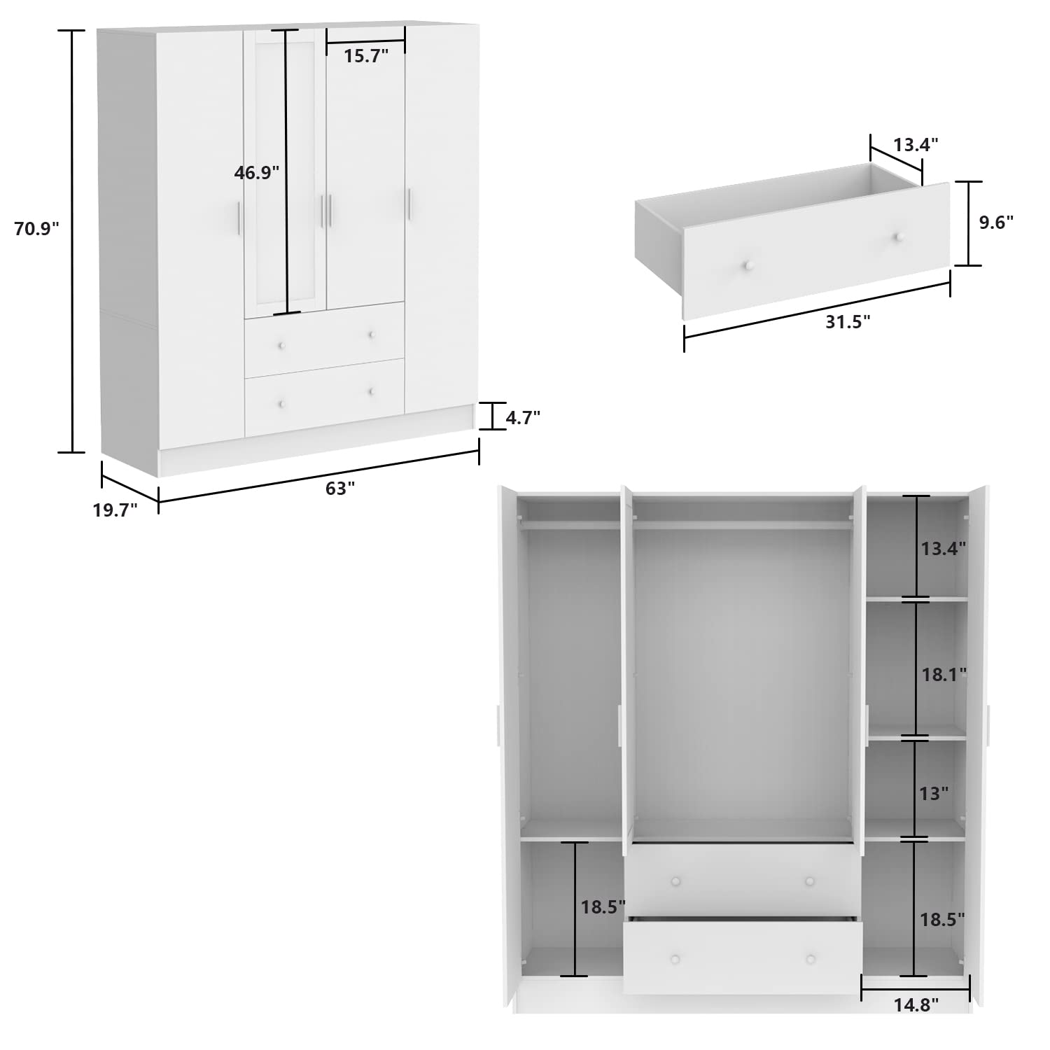 【Furniture】4 Doors Wardrobe Armoire with Mirror, 63