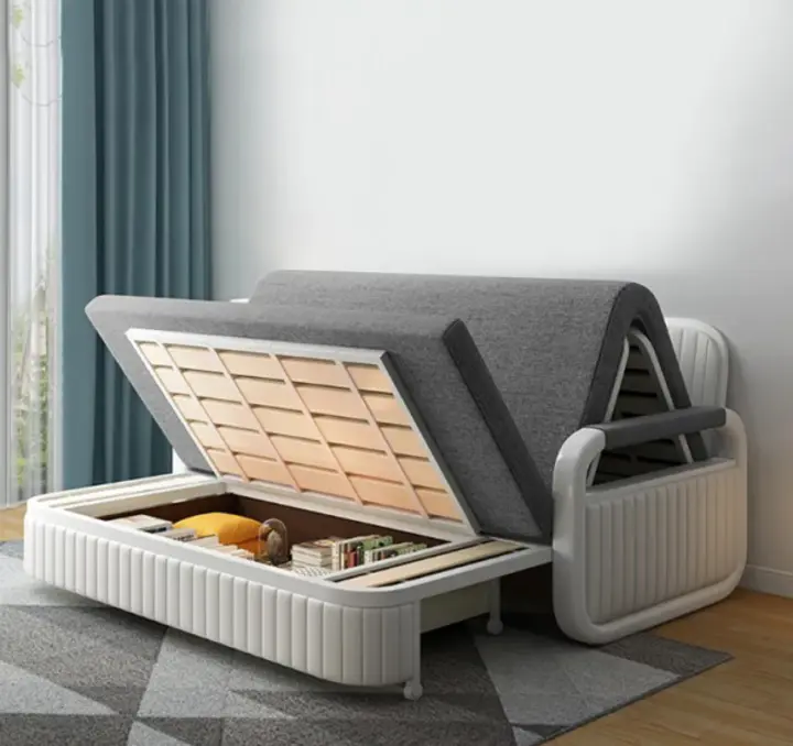 【Furniture】Cotton and linen upholstered sofa bed with storage