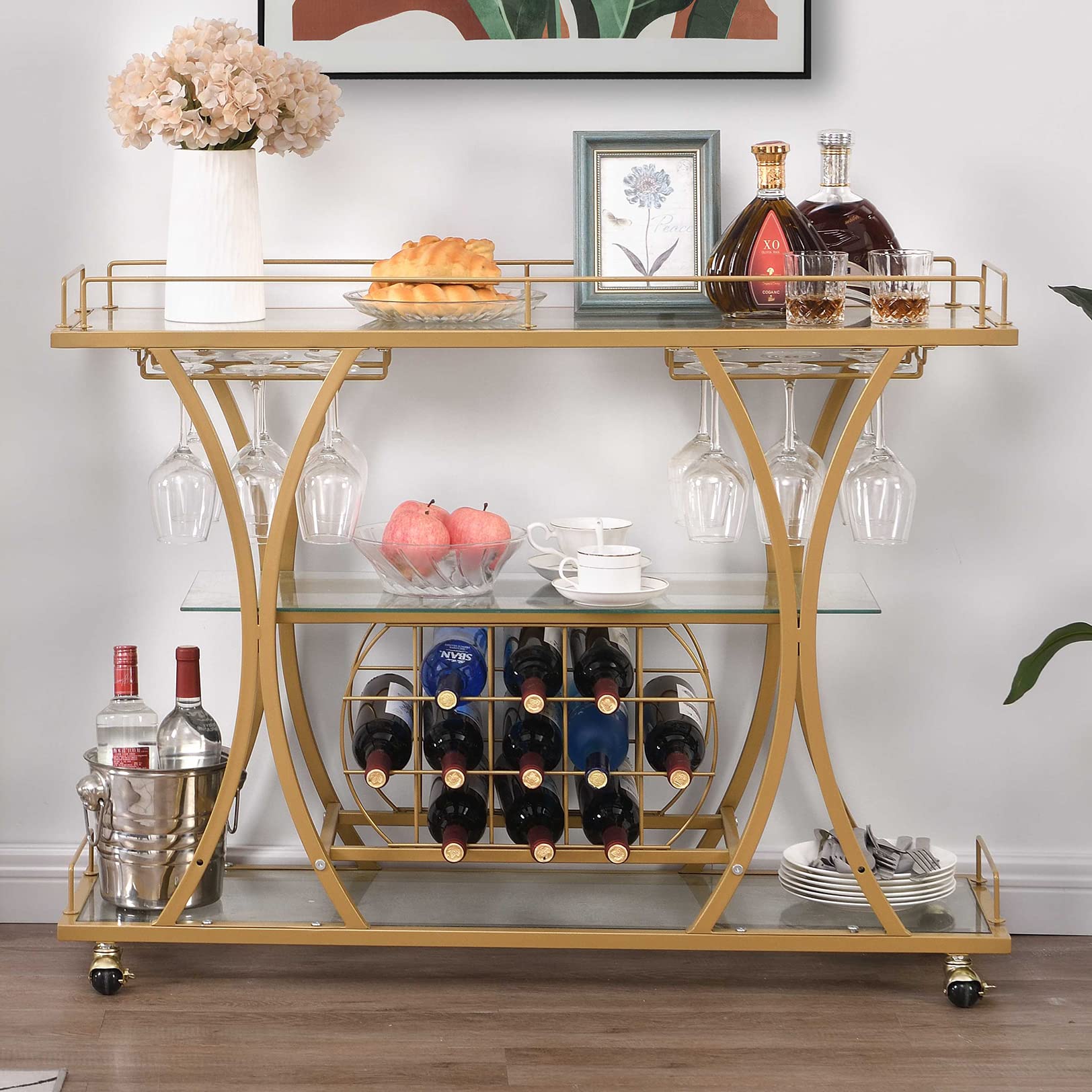 【Furniture】Bar Serving Cart with Glass Holder and Wine Rack, 3-Tier Kitchen Trolley, Mobile Wine Cart for Home
