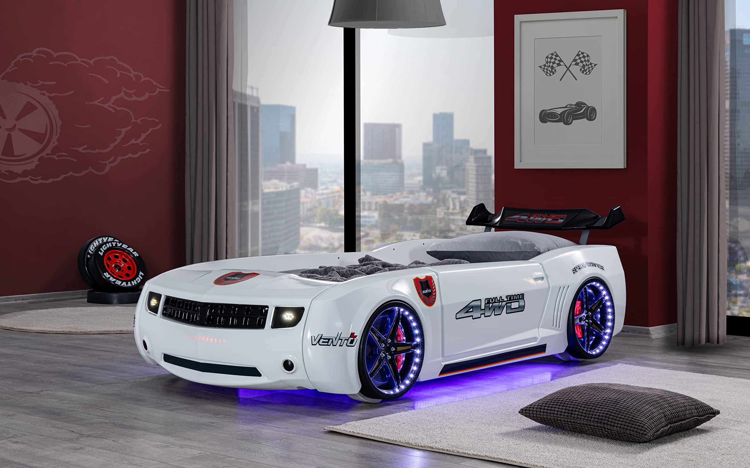 【Furniture】Racing Car Bed for Kids - Kids Car Bed with Led Lights, Single Race Car Bed with Leather Cushioning