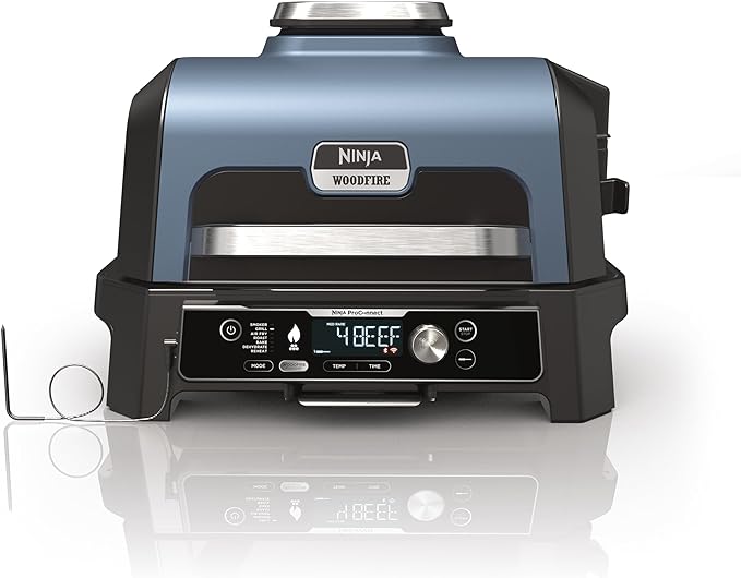 Ninja Woodfire Pro Connect XL Electric Grill and Smoker with App Control, Digital Probe, Large 7-in-1 Outdoor Grill and Air Fryer with Woodfire Pellet, Weather Resistant, Blue and Black OG901UK