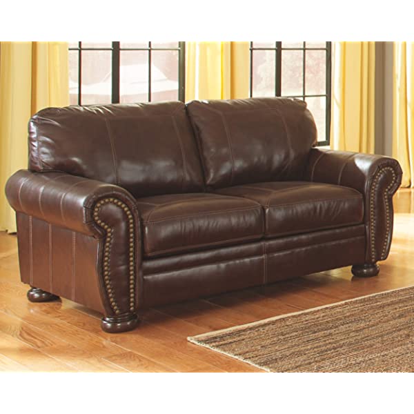 Signature Design by Ashley - Banner Traditional Style Faux Leather Loveseat w/ Nailhead Trim, Coffee Brown