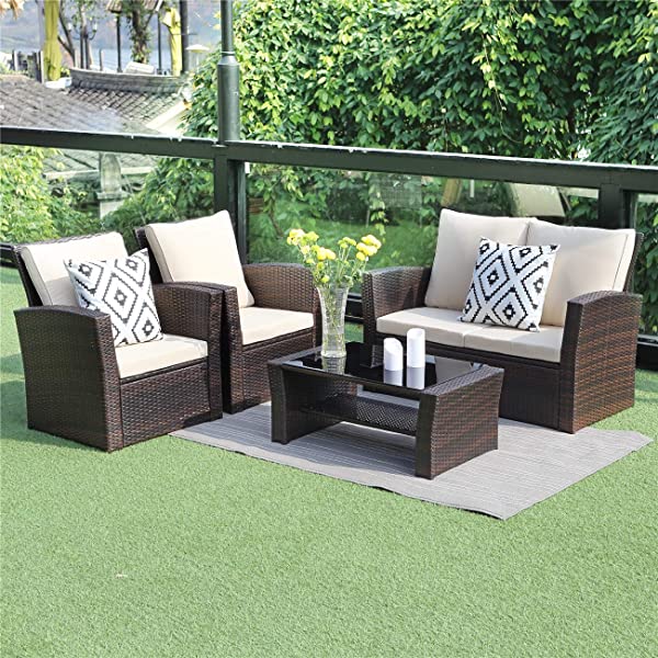 Wisteria Lane 4 Piece Outdoor Patio Furniture Sets, Wicker Conversation Set for Porch Deck, Gray Rattan Sofa Chair with Cushion Grey