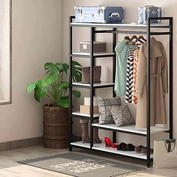 LITTLE TREE Free-Standing Closet Organizer, Heavy Duty Clothes Closet, Portable Garment Rack with 6 Shelves and Hanging Rod, Black Metal Frame&Rustic Board Finish Vingte &Black