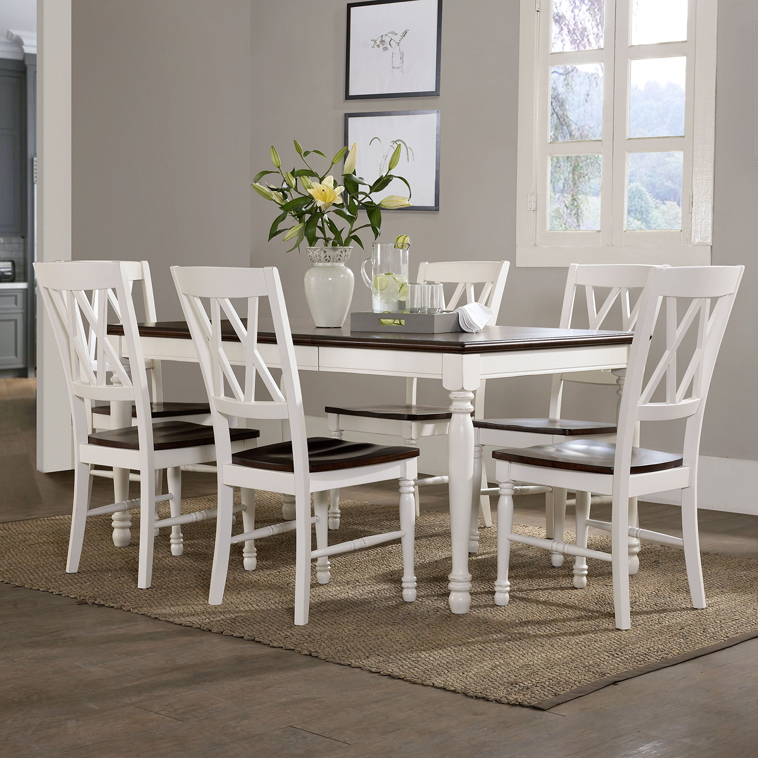 【Furniture】Shelby Dining Set with Table & Extension Leaf, 7-Piece (6 Chairs), Distressed White